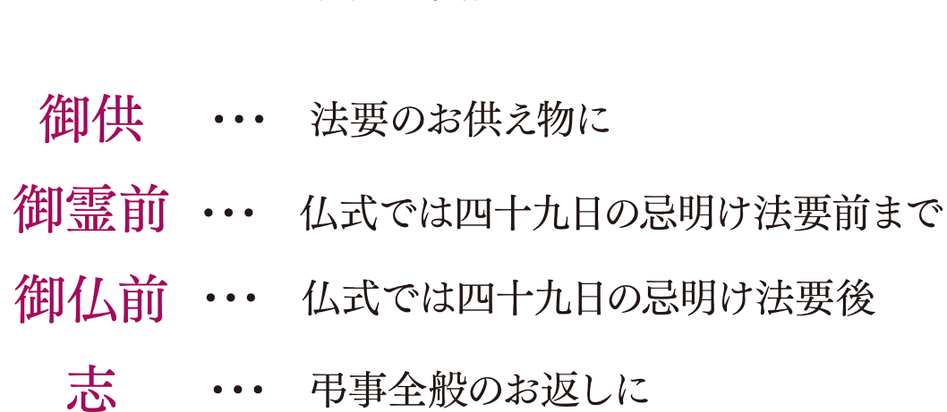 御供：法要のお供え物に・御霊前：仏式では四十九日の忌明け法要前まで・御仏前：仏式では四十九日の忌明け法要後・志：弔事全般のお返しに