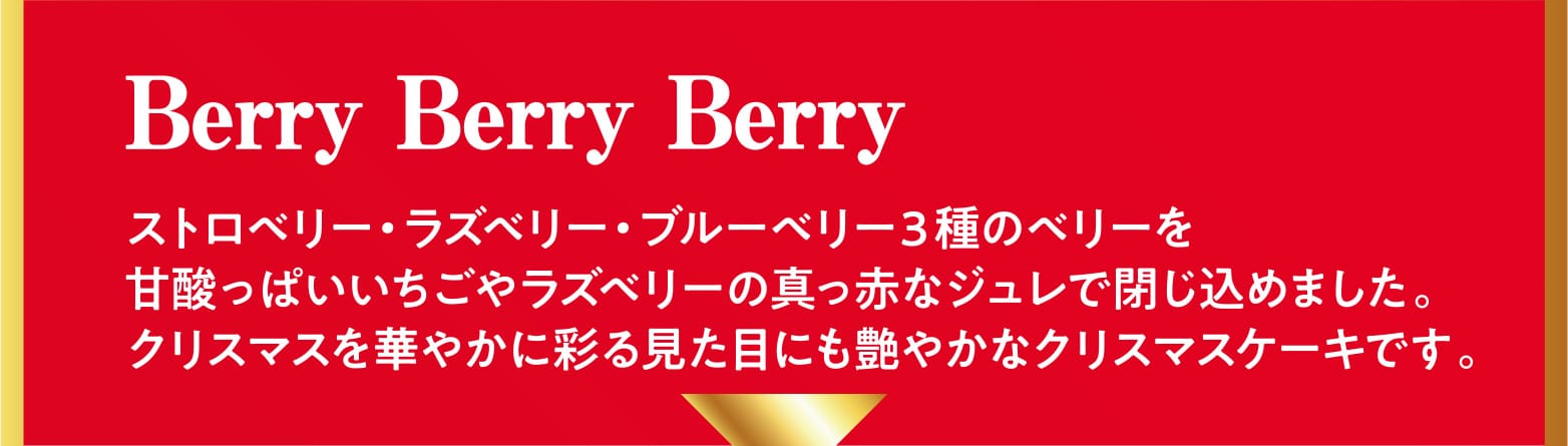 Berry Berry Berry ストロベリー・ラズベリー・ブルーベリー３種のベリーを甘酸っぱいいちごやラズベリーの真っ赤なジュレで閉じ込めました。 クリスマスを華やかに彩る見た目にも艶やかなクリスマスケーキです。