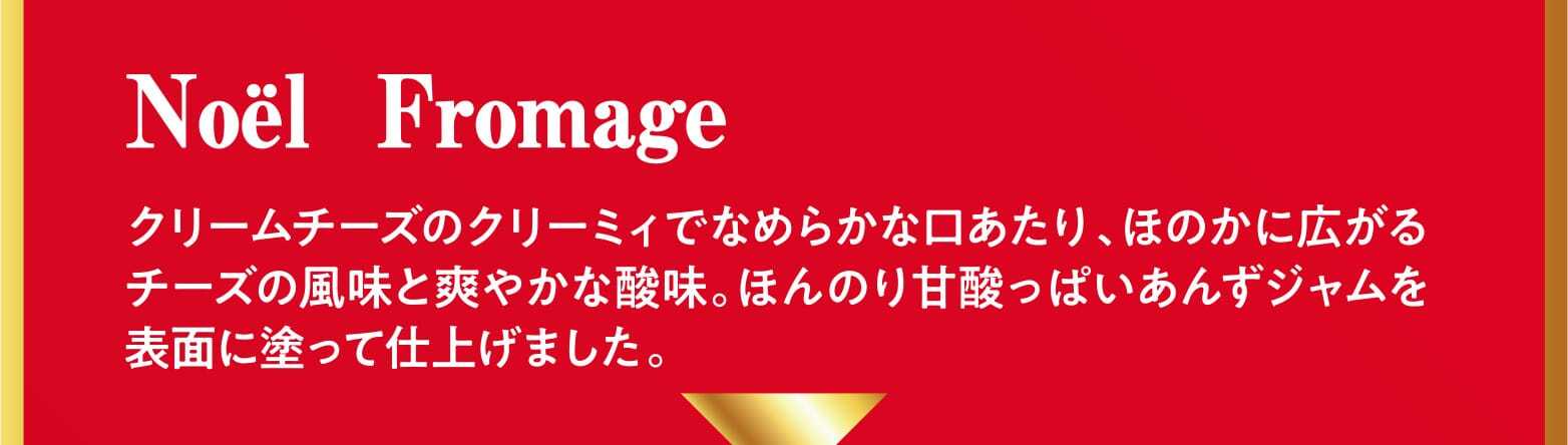 Noël Fromage クリームチーズのクリーミィでなめらかな口あたり、ほのかに広がるチーズの風味と爽やかな酸味。ほんのり甘酸っぱいあんずジャムを表面に塗って仕上げました。