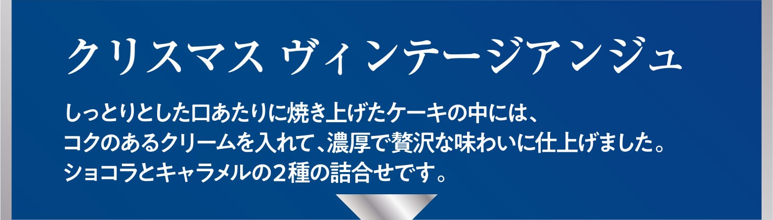 クリスマス ヴィンテージアンジュ しっとりとした口あたりに焼き上げたケーキの中には、コクのあるクリームを入れて、濃厚で贅沢な味わいに仕上げました。ショコラとキャラメルの２種の詰合せです。