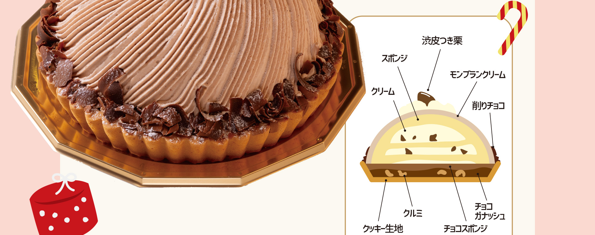 渋皮つき栗 スポンジ モンブランクリーム クリーム 削りチョコ クッキー生地 クルミ チョコガナッシュ チョコスポンジ