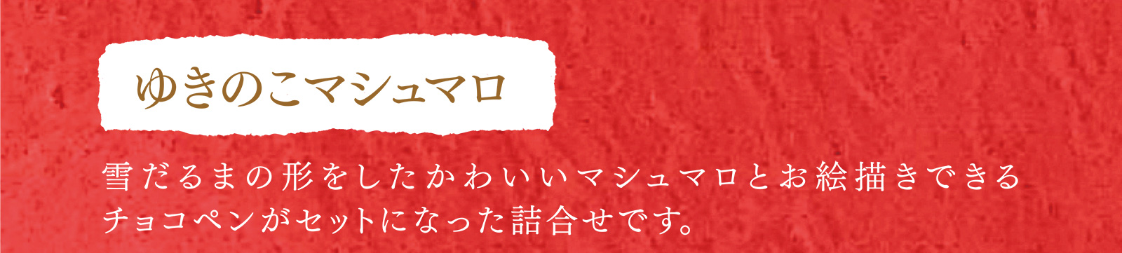 ゆきのこマシュマロ 雪だるまの形をしたかわいいマシュマロとお絵描きできるチョコペンがセットになった詰合せです。
