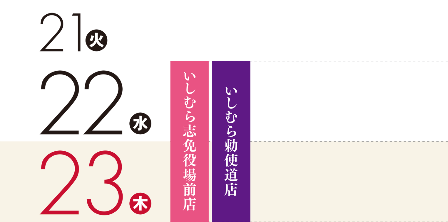 22日（水）〜23日（木）：いしむら志免役場前店・いしむら勅使道店