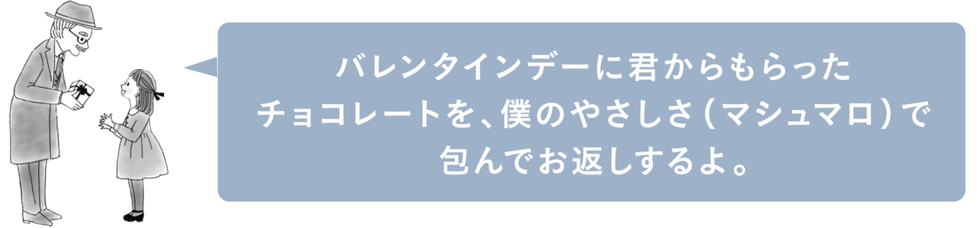 バレンタインデーに君からもらったチョコレートを、僕のやさしさ（マシュマロ）で包んでお返しするよ。