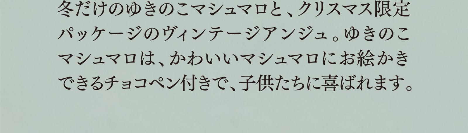 冬だけのゆきのこマシュマロと、クリスマス限定パッケージのヴィンテージアンジュ。ゆきのこマシュマロは、かわいいマシュマロにお絵かきできるチョコペン付きで、子供たちに喜ばれます。