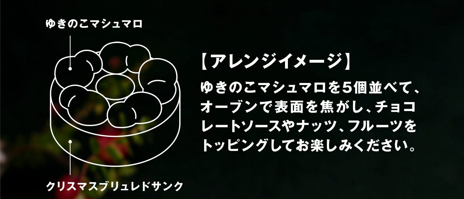 【アレンジイメージ】 ゆきのこマシュマロを5個並べて、オーブンで表面を焦がし、チョコレートソースやナッツ、フルーツをトッピングしてお楽しみください。