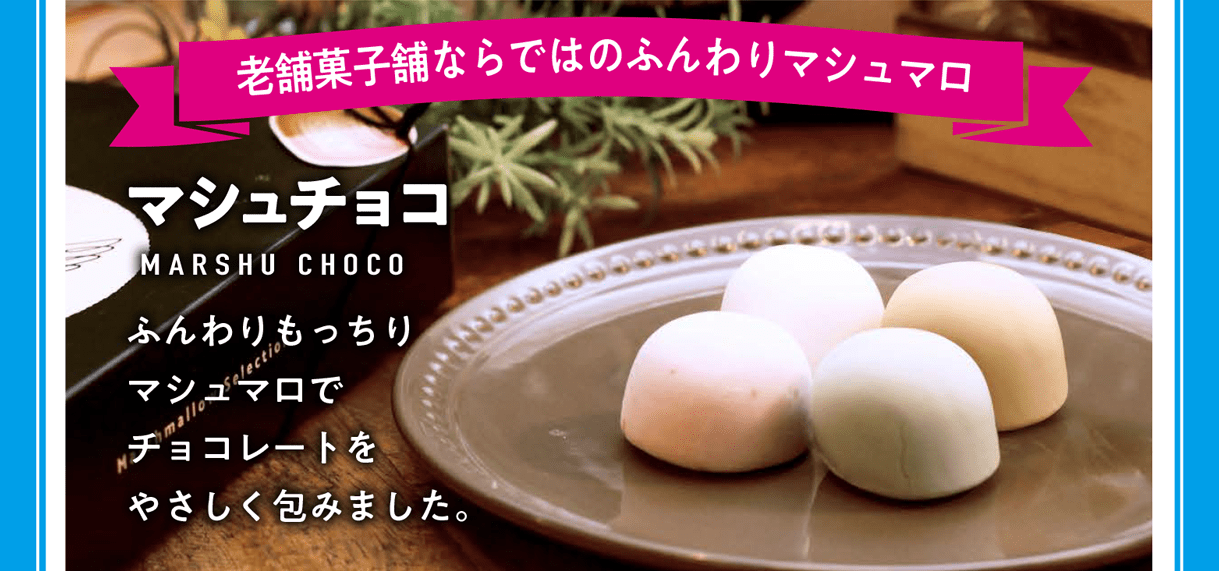 老舗菓子舗ならではのふんわりマシュマロ マシュチョコ ふんわりもっちりマシュマロでチョコレートをやさしく包みました。